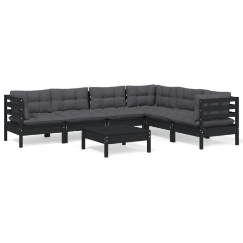 7-Piece Garden Lounge Set with Cushions Black Pine Wood Outdoor Patio Furniture