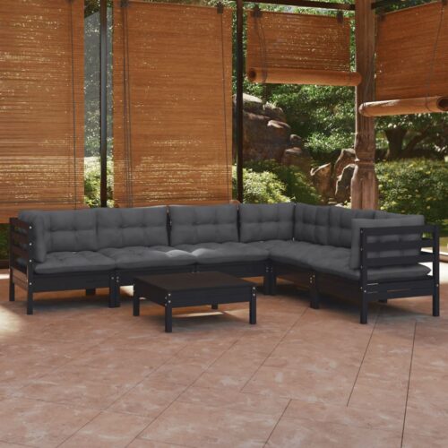 7-Piece Garden Lounge Set with Cushions Black Pine Wood Outdoor Patio Furniture - Image 2
