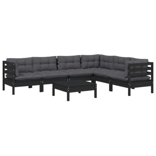 7-Piece Garden Lounge Set with Cushions Black Pine Wood Outdoor Patio Furniture - Image 3