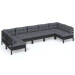 7-Piece Garden Lounge Set with Cushions Black Pine Wood Outdoor Patio Furniture
