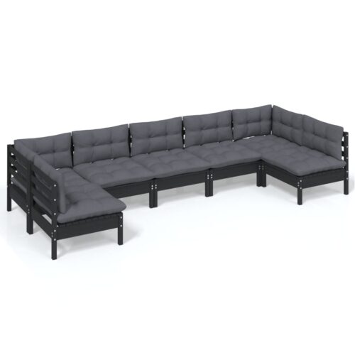 7-Piece Garden Lounge Set with Cushions Black Pine Wood Outdoor Patio Furniture