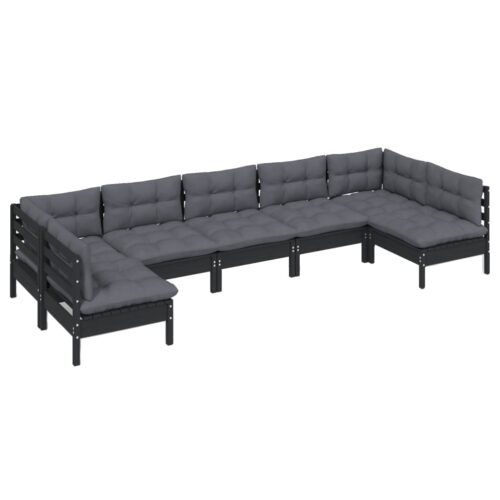 7-Piece Garden Lounge Set with Cushions Black Pine Wood Outdoor Patio Furniture - Image 3