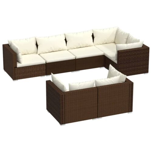 7-Piece Garden Lounge Set with Cushions Brown Poly Rattan Wicker Outdoor Patio Furniture