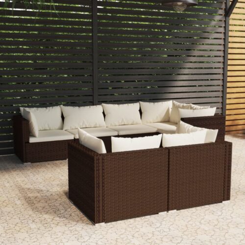 7-Piece Garden Lounge Set with Cushions Brown Poly Rattan Wicker Outdoor Patio Furniture - Image 2