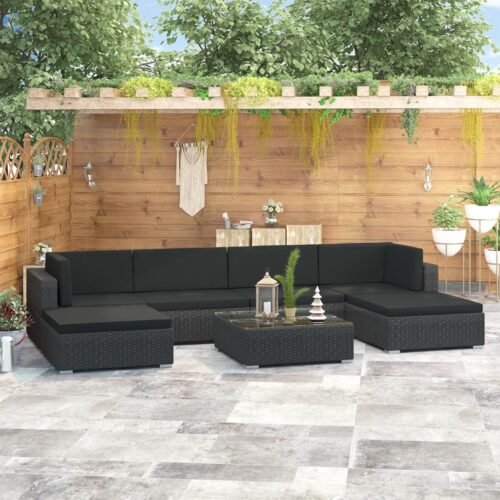7-Piece Garden Lounge Set with Cushions Poly Rattan Wicker Outdoor Patio Furniture Black - Image 2