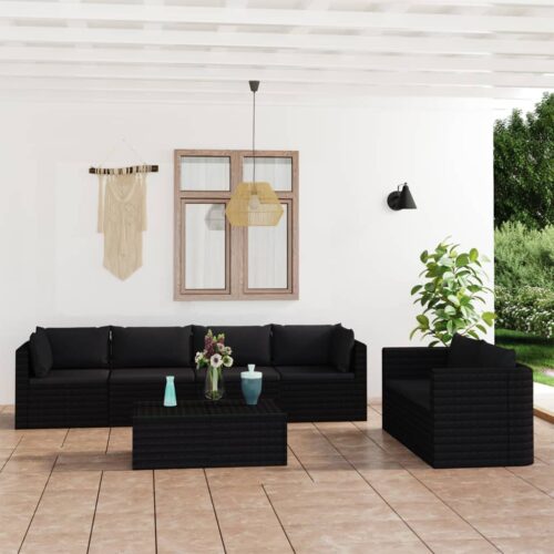 7-Piece Garden Lounge Set with Cushions Poly Rattan Wicker Outdoor Patio Furniture Black - Image 2