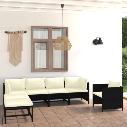 7-Piece Garden Lounge Set with Cushions Poly Rattan Wicker Outdoor Patio Furniture Black - Image 2
