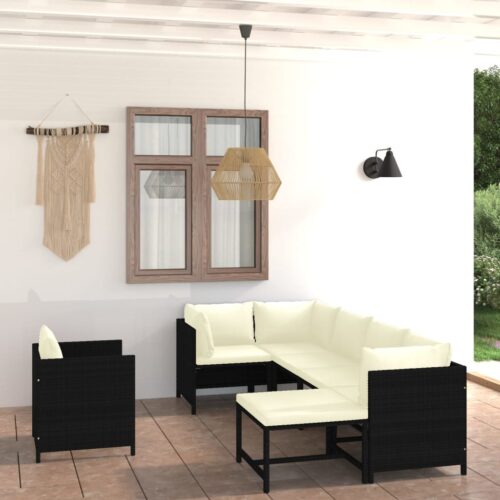 7-Piece Garden Lounge Set with Cushions Poly Rattan Wicker Outdoor Patio Furniture Black - Image 2
