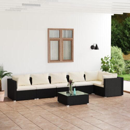 7-Piece Garden Lounge Set with Cushions Poly Rattan Wicker Outdoor Patio Furniture Black - Image 2