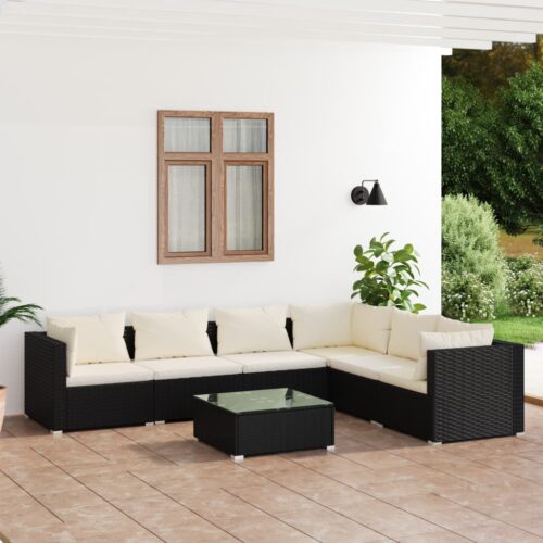 7-Piece Garden Lounge Set with Cushions Poly Rattan Wicker Outdoor Patio Furniture Black - Image 2
