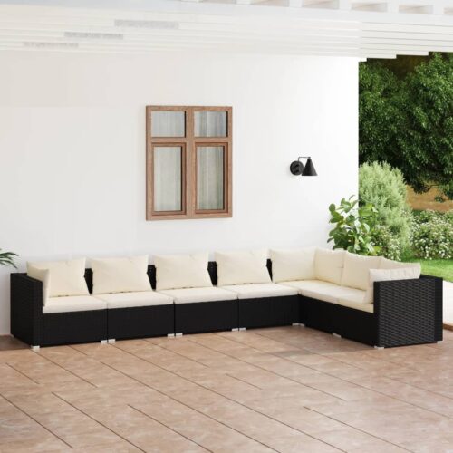 7-Piece Garden Lounge Set with Cushions Poly Rattan Wicker Outdoor Patio Furniture Black - Image 2