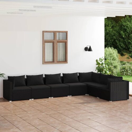 7-Piece Garden Lounge Set with Cushions Poly Rattan Wicker Outdoor Patio Furniture Black - Image 2