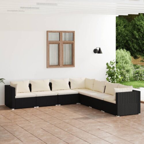 7-Piece Garden Lounge Set with Cushions Poly Rattan Wicker Outdoor Patio Furniture Black - Image 2