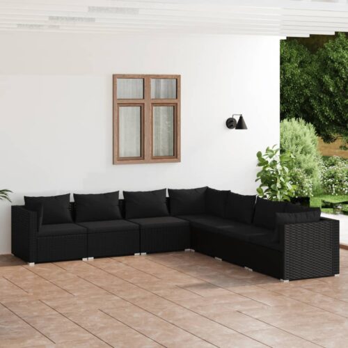 7-Piece Garden Lounge Set with Cushions Poly Rattan Wicker Outdoor Patio Furniture Black - Image 2