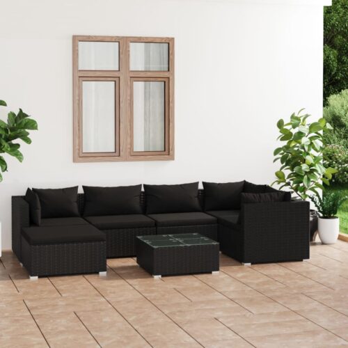 7-Piece Garden Lounge Set with Cushions Poly Rattan Wicker Outdoor Patio Furniture Black - Image 2