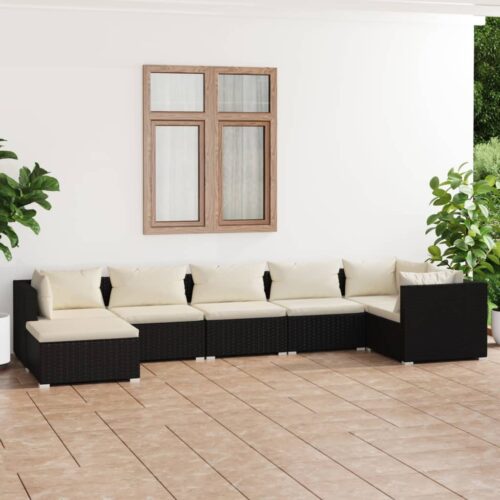 7-Piece Garden Lounge Set with Cushions Poly Rattan Wicker Outdoor Patio Furniture Black - Image 2