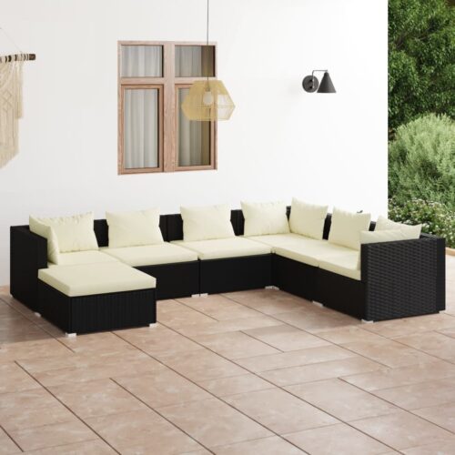 7-Piece Garden Lounge Set with Cushions Poly Rattan Wicker Outdoor Patio Furniture Black - Image 2