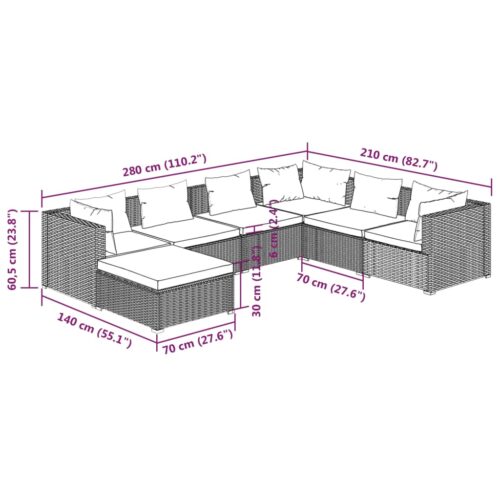 7-Piece Garden Lounge Set with Cushions Poly Rattan Wicker Outdoor Patio Furniture Black - Image 9