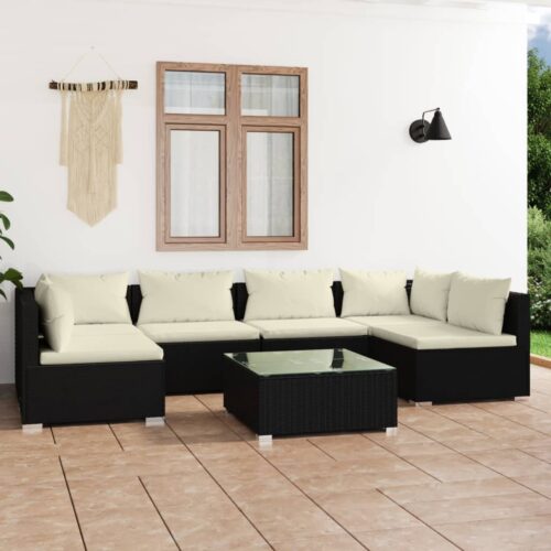 7-Piece Garden Lounge Set with Cushions Poly Rattan Wicker Outdoor Patio Furniture Black - Image 2