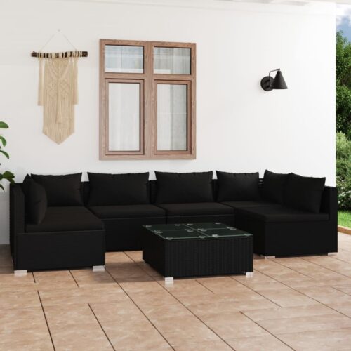 7-Piece Garden Lounge Set with Cushions Poly Rattan Wicker Outdoor Patio Furniture Black - Image 2
