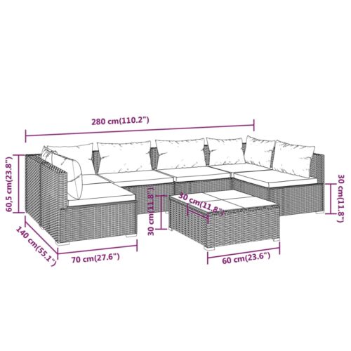 7-Piece Garden Lounge Set with Cushions Poly Rattan Wicker Outdoor Patio Furniture Black - Image 9