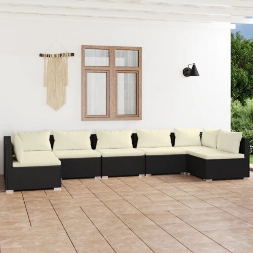 7-Piece Garden Lounge Set with Cushions Poly Rattan Wicker Outdoor Patio Furniture Black - Image 2