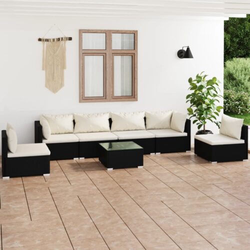 7-Piece Garden Lounge Set with Cushions Poly Rattan Wicker Outdoor Patio Furniture Black - Image 2