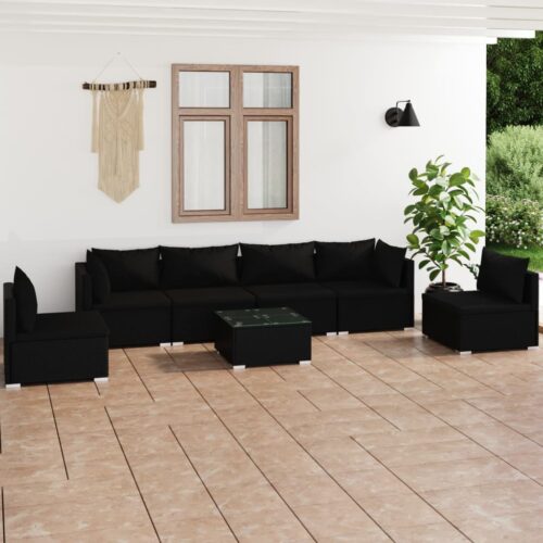 7-Piece Garden Lounge Set with Cushions Poly Rattan Wicker Outdoor Patio Furniture Black - Image 2