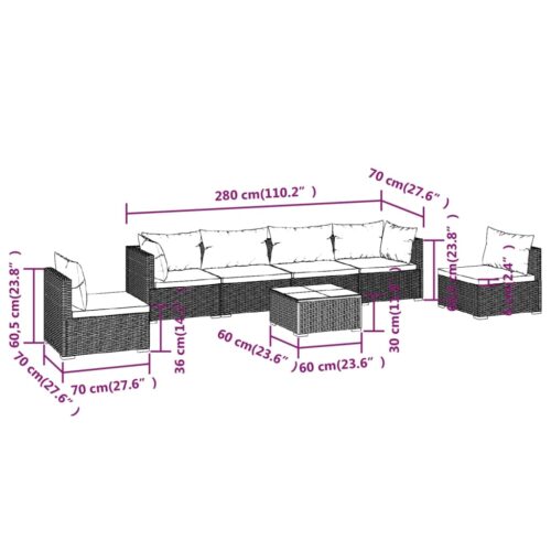 7-Piece Garden Lounge Set with Cushions Poly Rattan Wicker Outdoor Patio Furniture Black - Image 9