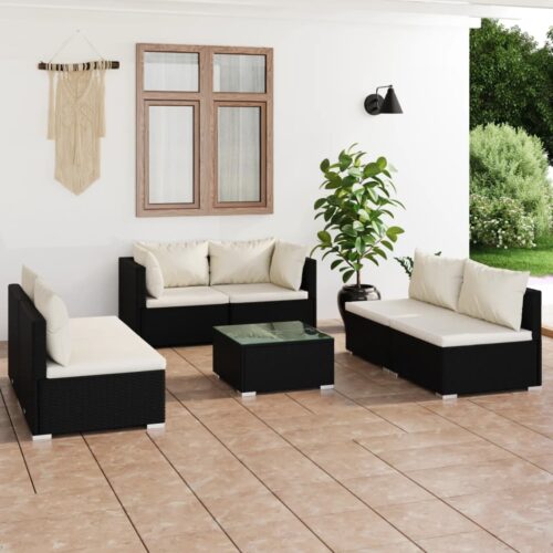 7-Piece Garden Lounge Set with Cushions Poly Rattan Wicker Outdoor Patio Furniture Black - Image 2