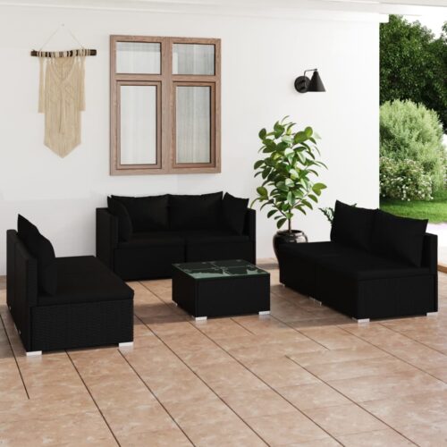 7-Piece Garden Lounge Set with Cushions Poly Rattan Wicker Outdoor Patio Furniture Black - Image 2