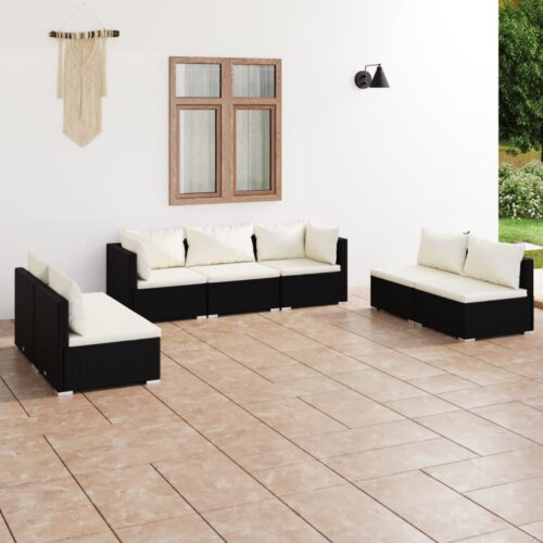 7-Piece Garden Lounge Set with Cushions Poly Rattan Wicker Outdoor Patio Furniture Black - Image 2