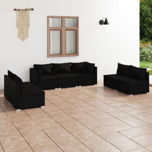 7-Piece Garden Lounge Set with Cushions Poly Rattan Wicker Outdoor Patio Furniture Black - Image 2