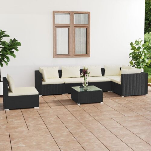 7-Piece Garden Lounge Set with Cushions Poly Rattan Wicker Outdoor Patio Furniture Black - Image 2