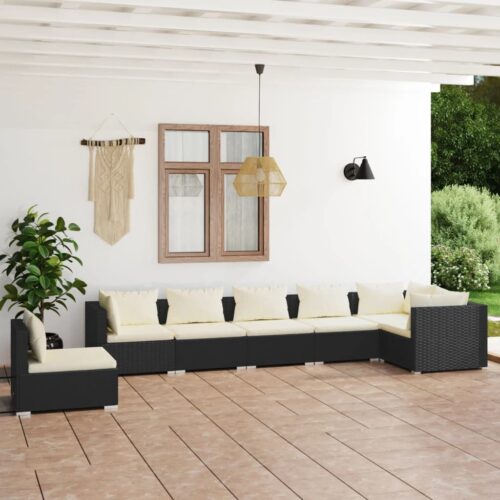 7-Piece Garden Lounge Set with Cushions Poly Rattan Wicker Outdoor Patio Furniture Black - Image 2