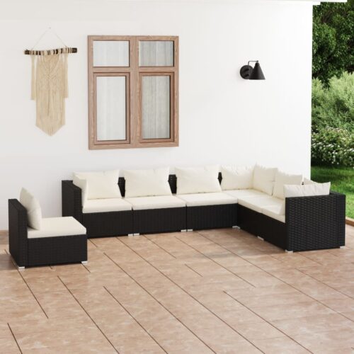 7-Piece Garden Lounge Set with Cushions Poly Rattan Wicker Outdoor Patio Furniture Black - Image 2
