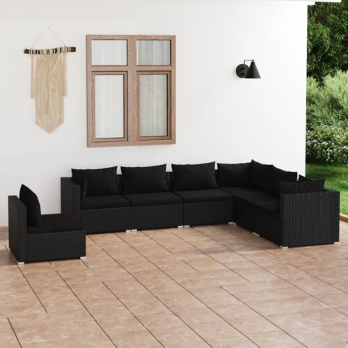 7-Piece Garden Lounge Set with Cushions Poly Rattan Wicker Outdoor Patio Furniture Black - Image 2