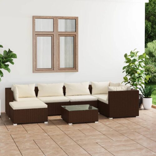 7-Piece Garden Lounge Set with Cushions Poly Rattan Wicker Outdoor Patio Furniture Brown - Image 2