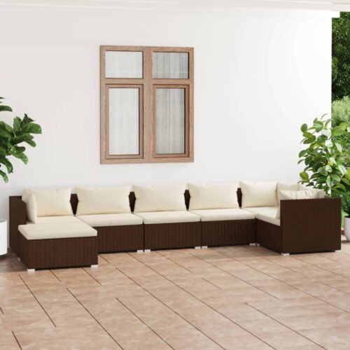 7-Piece Garden Lounge Set with Cushions Poly Rattan Wicker Outdoor Patio Furniture Brown - Image 2