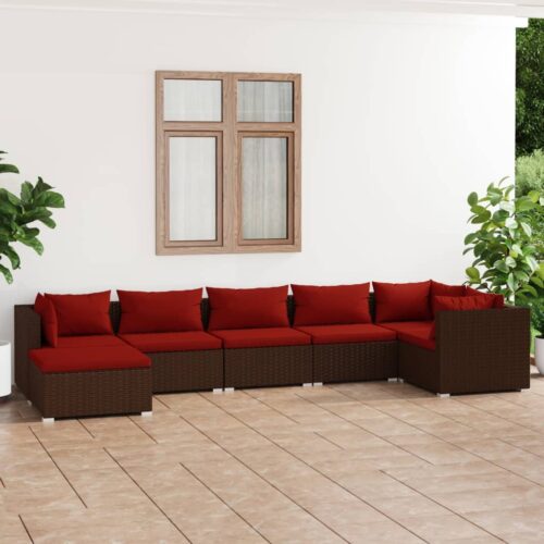 7-Piece Garden Lounge Set with Cushions Poly Rattan Wicker Outdoor Patio Furniture Brown - Image 2