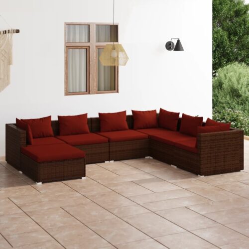 7-Piece Garden Lounge Set with Cushions Poly Rattan Wicker Outdoor Patio Furniture Brown - Image 2