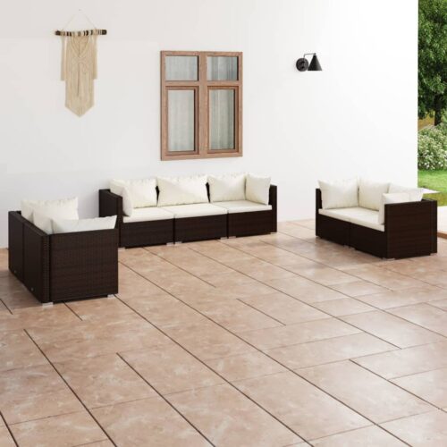 7-Piece Garden Lounge Set with Cushions Poly Rattan Wicker Outdoor Patio Furniture Brown - Image 2