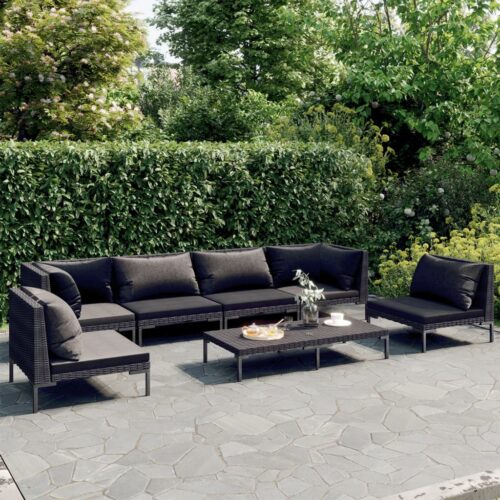 7-Piece Garden Lounge Set with Cushions Poly Rattan Wicker Outdoor Patio Furniture Dark Grey - Image 2