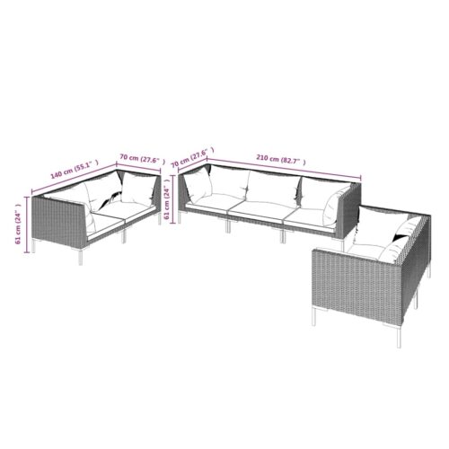 7-Piece Garden Lounge Set with Cushions Poly Rattan Wicker Outdoor Patio Furniture Dark Grey - Image 9
