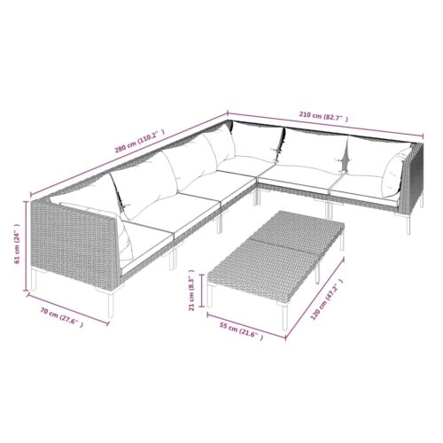 7-Piece Garden Lounge Set with Cushions Poly Rattan Wicker Outdoor Patio Furniture Dark Grey - Image 9