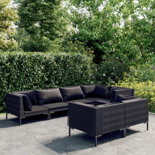 7-Piece Garden Lounge Set with Cushions Poly Rattan Wicker Outdoor Patio Furniture Dark Grey - Image 2