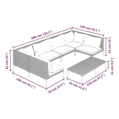 7-Piece Garden Lounge Set with Cushions Poly Rattan Wicker Outdoor Patio Furniture Dark Grey - Image 9