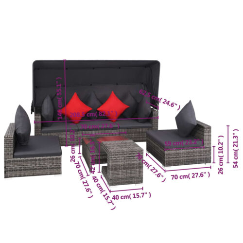 7-Piece Garden Lounge Set with Cushions Poly Rattan Wicker Outdoor Patio Furniture Grey - Image 11