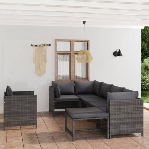 7-Piece Garden Lounge Set with Cushions Poly Rattan Wicker Outdoor Patio Furniture Grey - Image 2