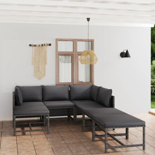 7-Piece Garden Lounge Set with Cushions Poly Rattan Wicker Outdoor Patio Furniture Grey - Image 2